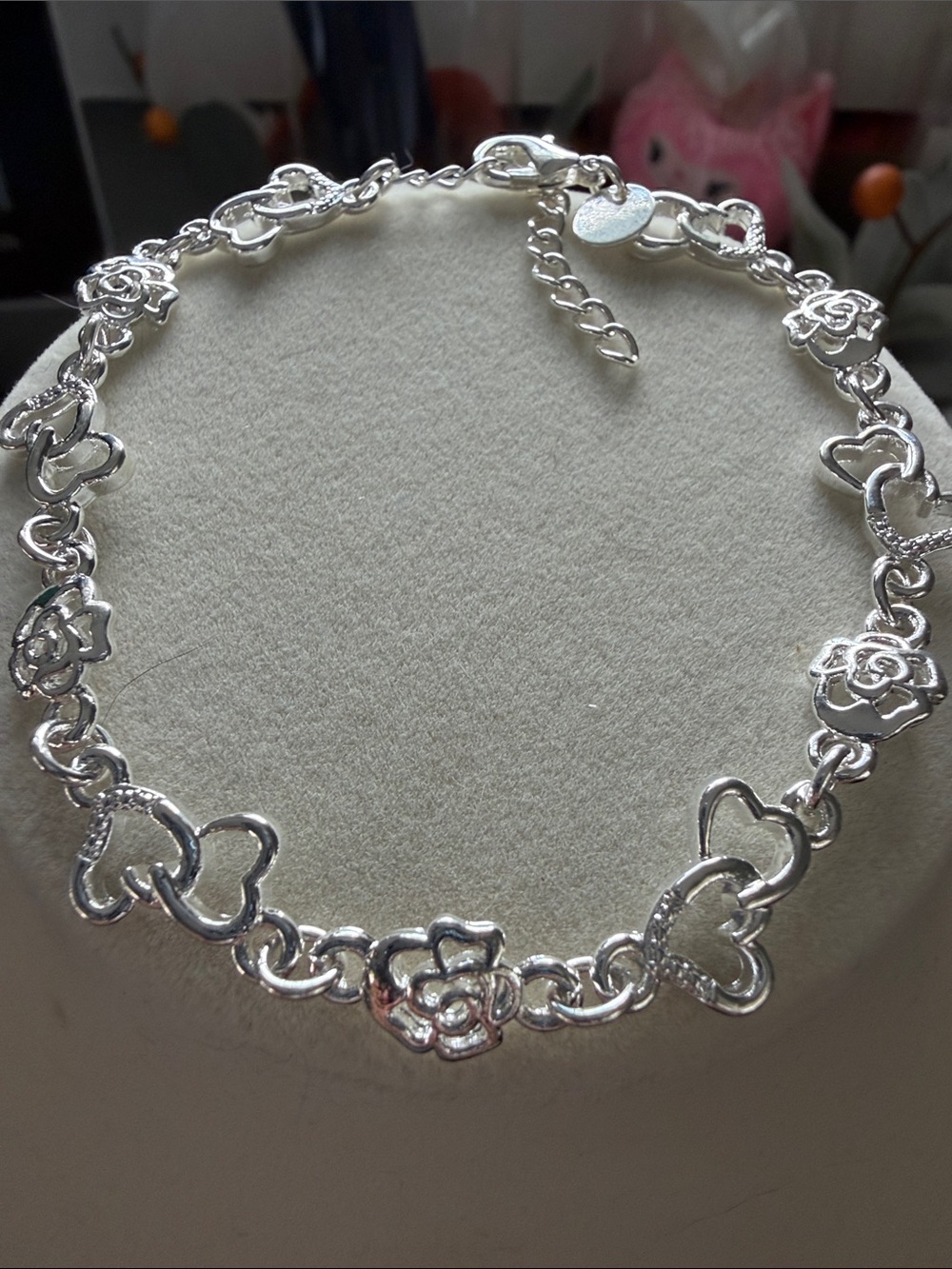 Sterling  Silver 925 Heart & Rose Link Bracelet - Elegant Floral Charm